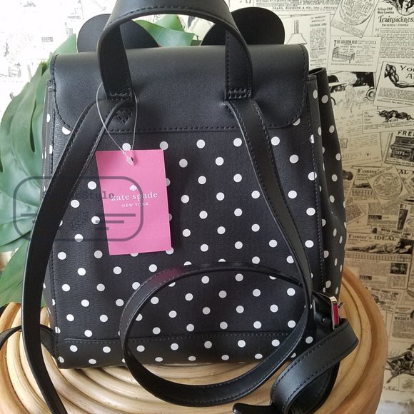 Kate Spade NWT Minnie Mouse Polka Dot Black Medium Backpack Refined Leather - Picture 2 of 10